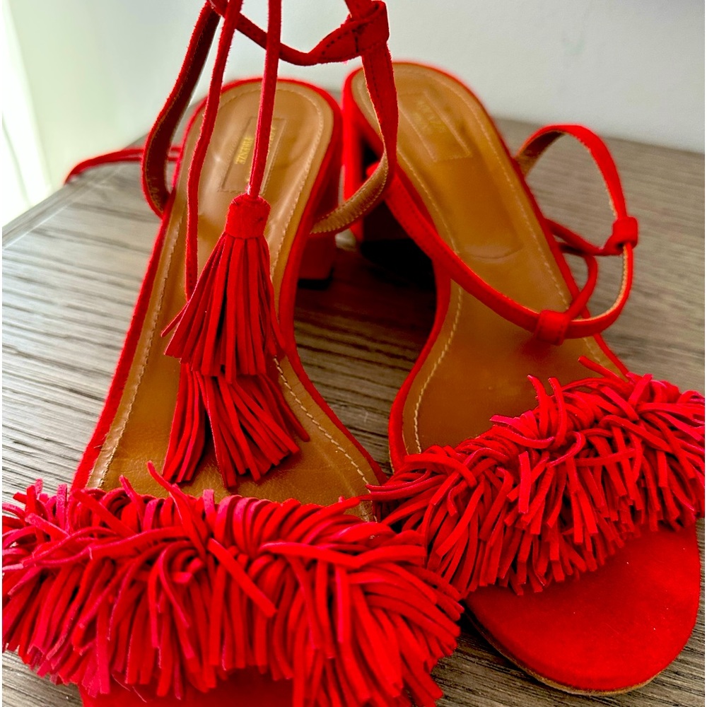 Aquazzura Red Suede Lace Up Block Heeled Sandal